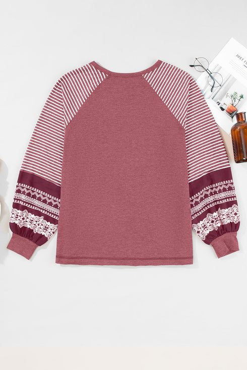 Contrast Print Striped Raglan Crew Neck Loose Long Sleeve Top